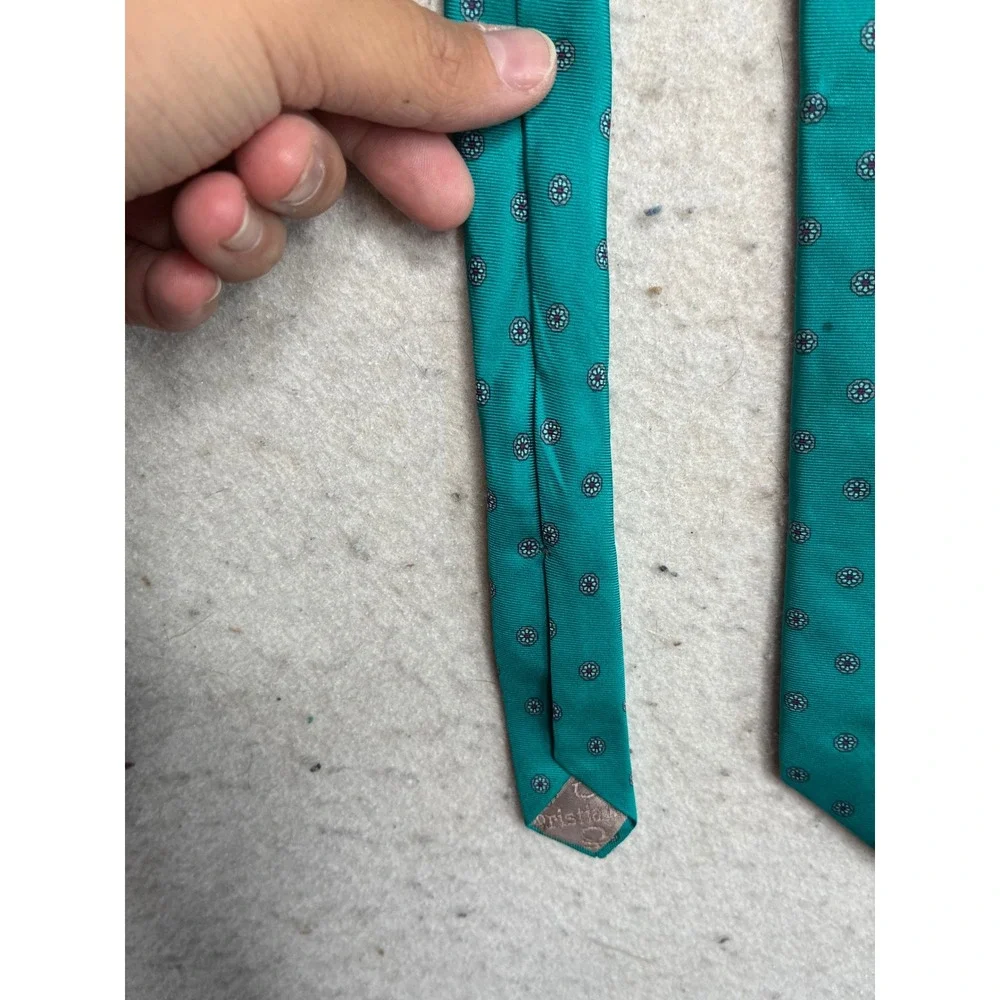 Christian Dior Silk Tie Teal Green Geometric Medallion Made in USA Italy Fabric